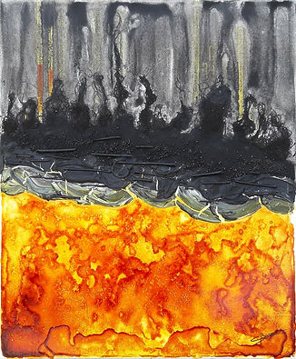 peinture abstraite feu orange et gris par l'artiste contemporaine christine barone