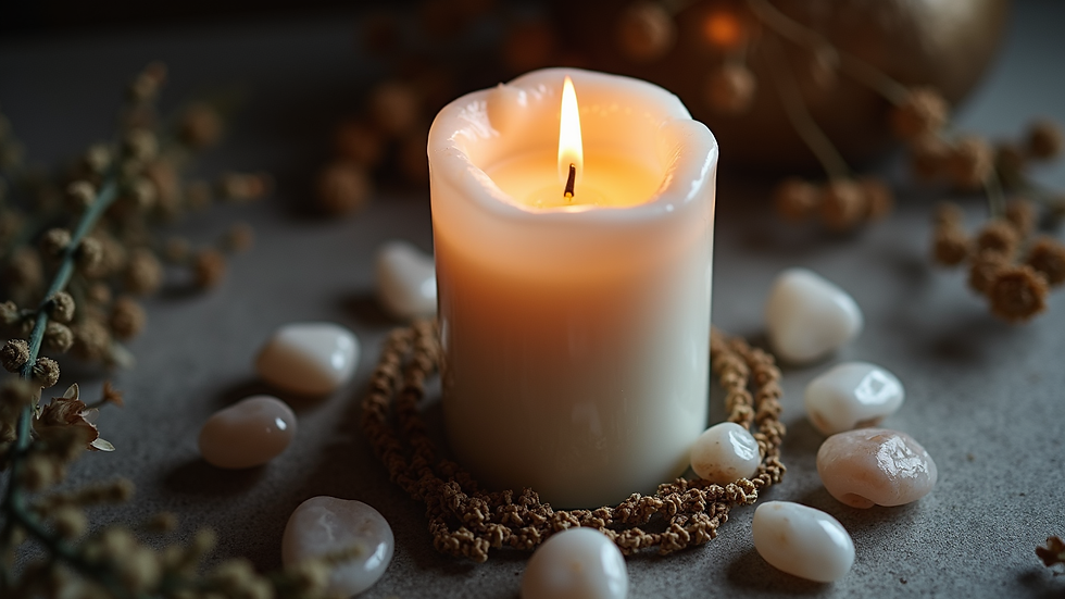 High angle view of a Hekatean Vigil Candle surrounded by moonstones and dried herbs