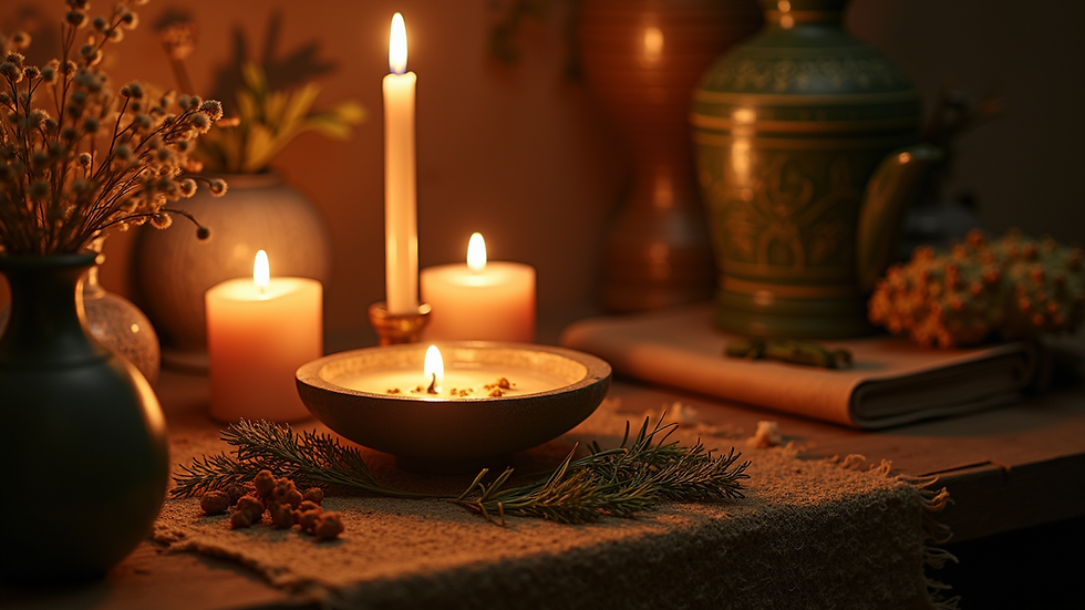 Eye-level view of a traditional curandero's altar with candles and herbs