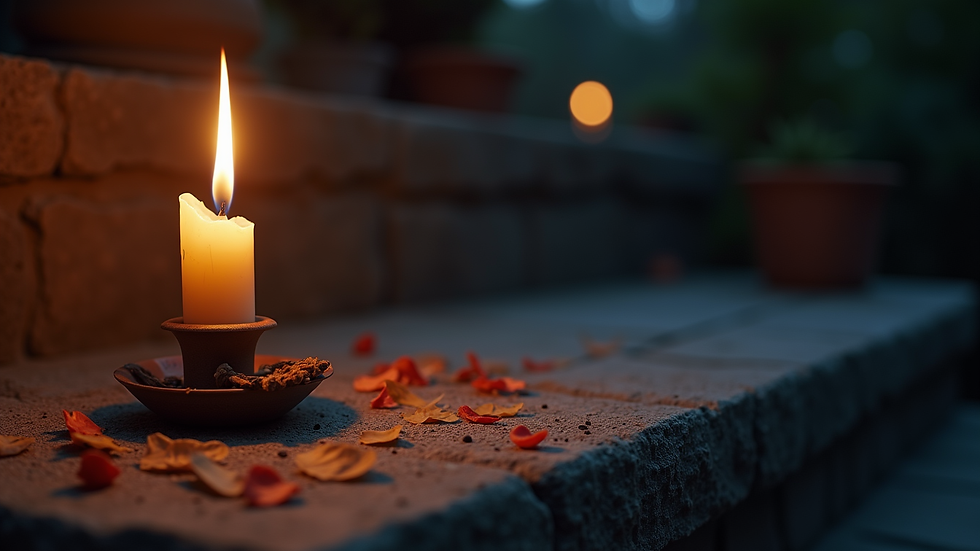 Eye-level view of a lit candle and incense on a stone altar at night