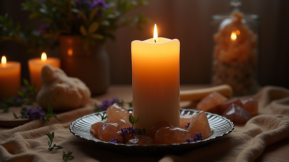 Eye-level view of a Hekatean Vigil Candle burning on an altar with crystals and herbs
