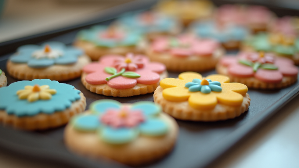 Close-up view of a tray of colourful personalised biscuits with floral designs