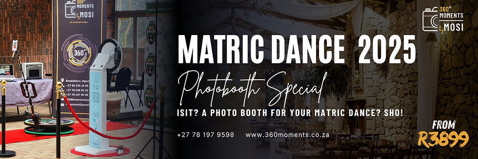 Capture unforgettable moments at your Matric Dance 2025 with the 360° Moments by MOSI photobooth special, starting from R3899. Perfect for creating lasting memories.
