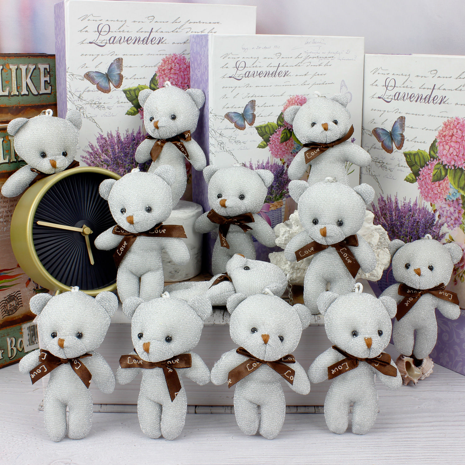 Fiyonklu Simli Peluş Ayıcık Anahtarlık Gümüş 12'li Paket