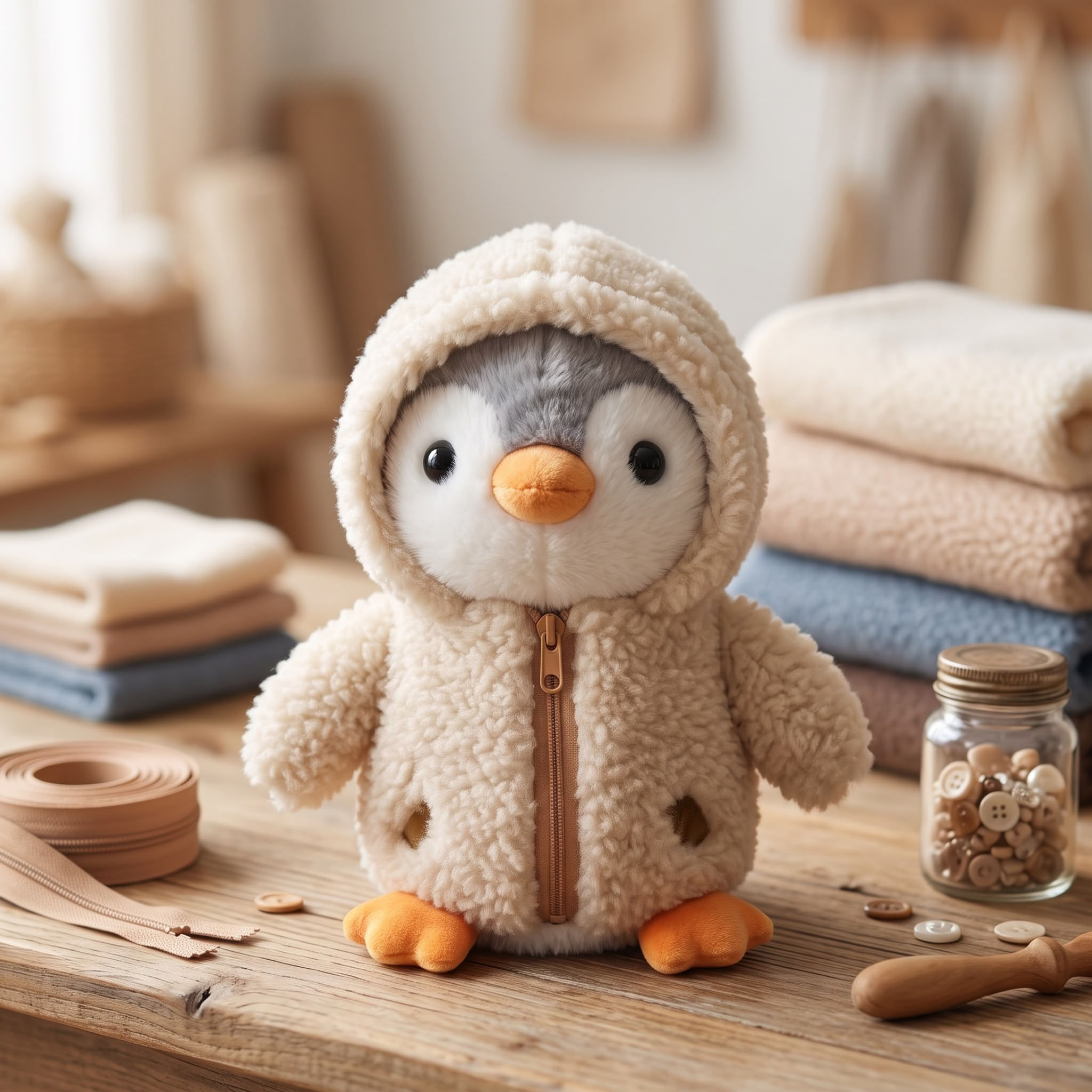 Fermuarlı Penguen Peluş Kahverengi 26CM