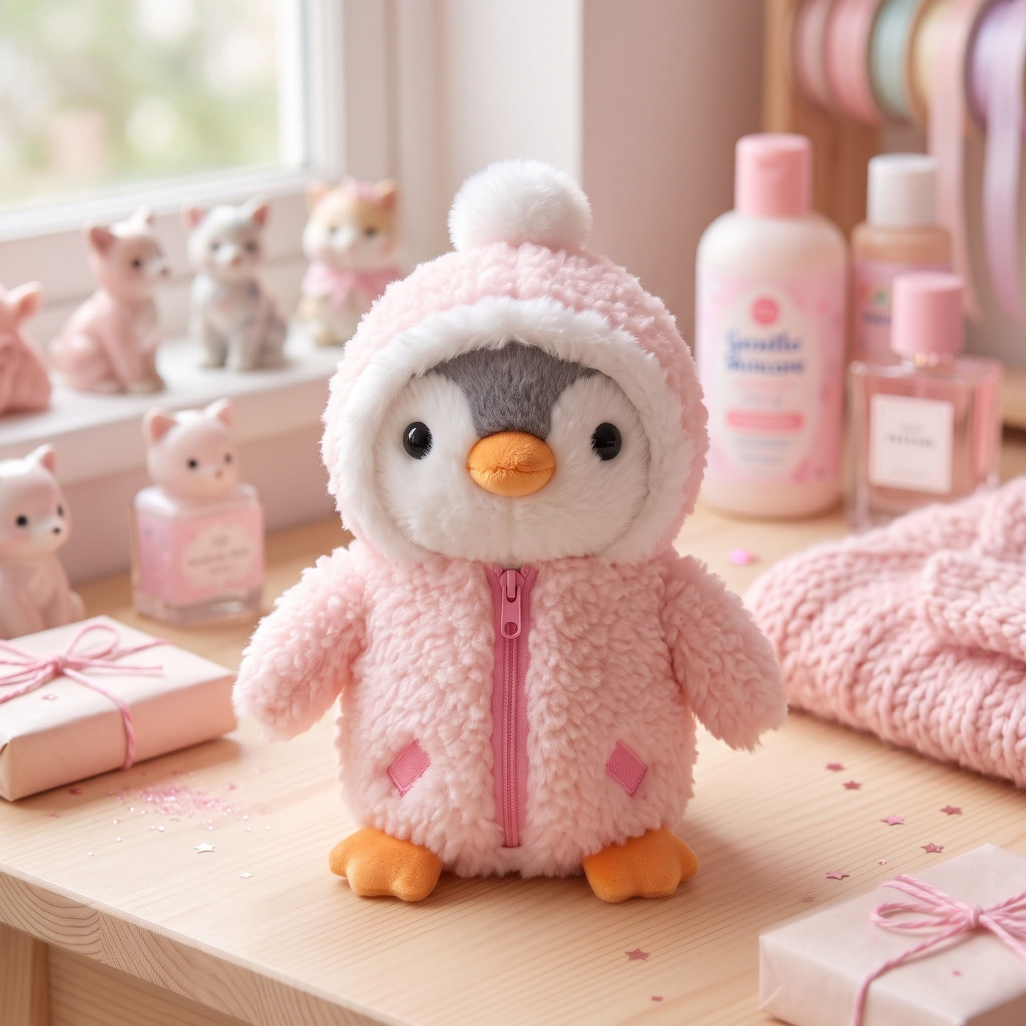 Fermuarlı Penguen Peluş Pembe 26CM