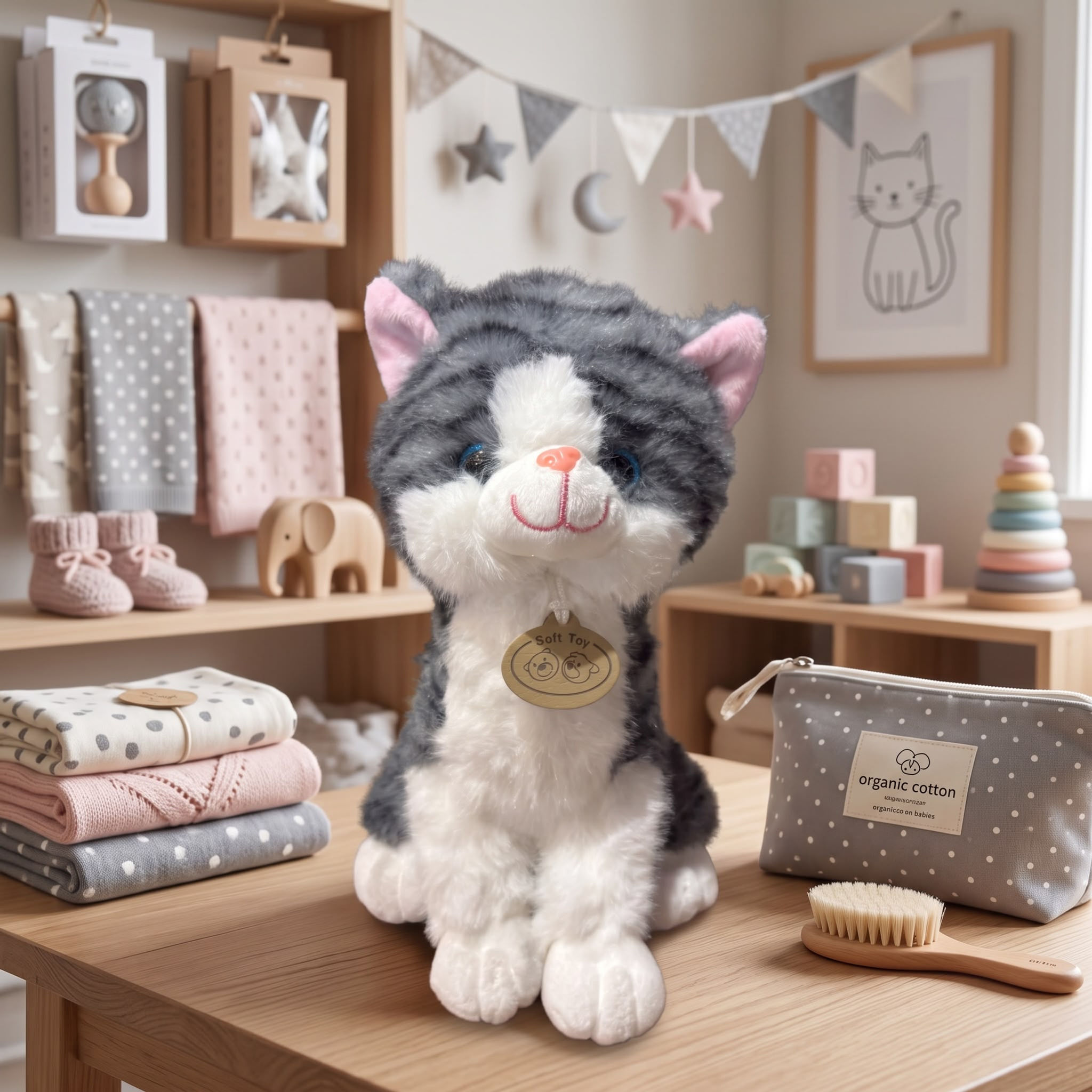 Çizgili Oturan Asil Kedi Peluş Gri 30CM