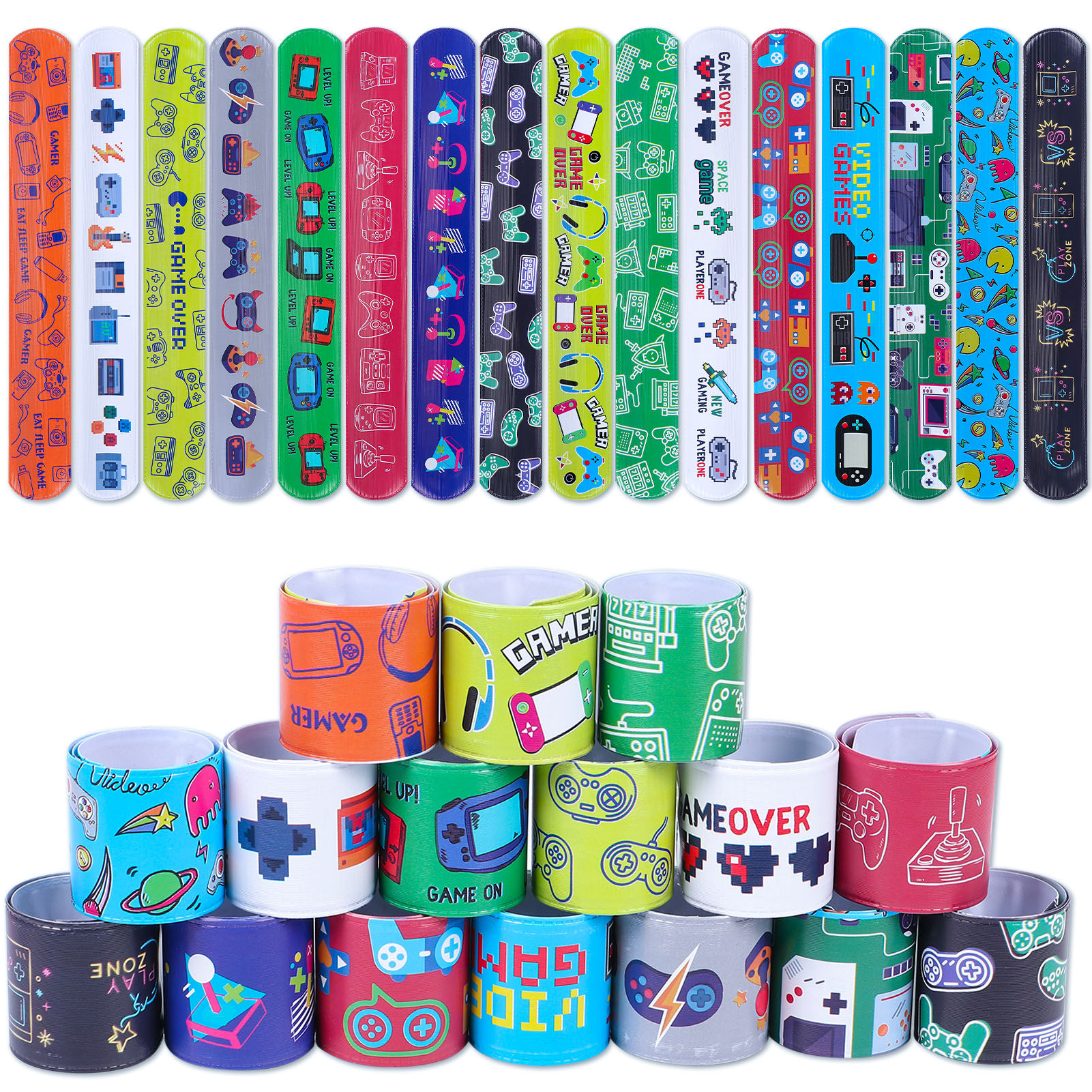 Golray 48 PCS Video Game Slap Bracelets for Kids Bracelets Snap Bands with Vario