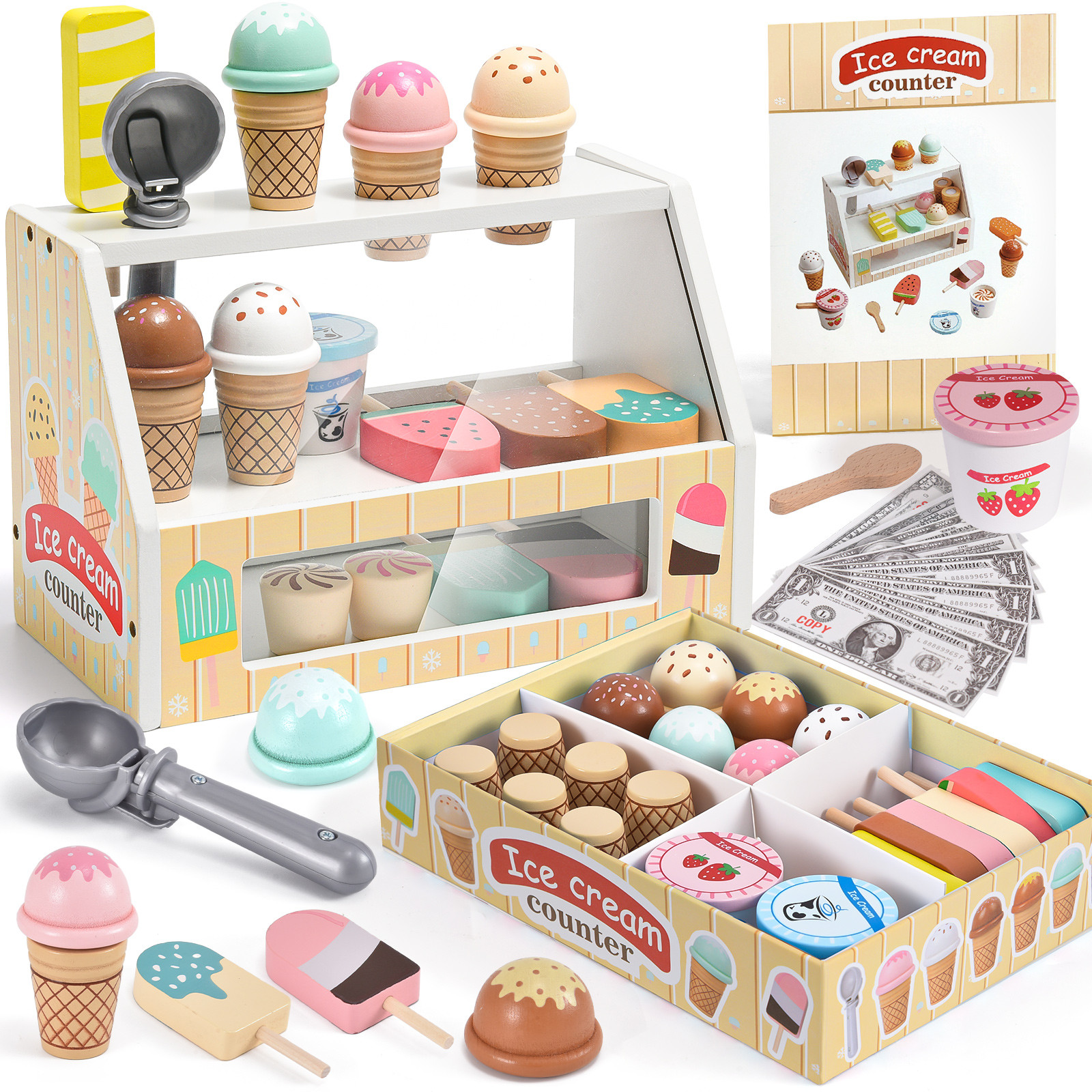 Toyssa Wooden Ice Cream Toys Kids Pretend Play Store Toys for Toddlers
