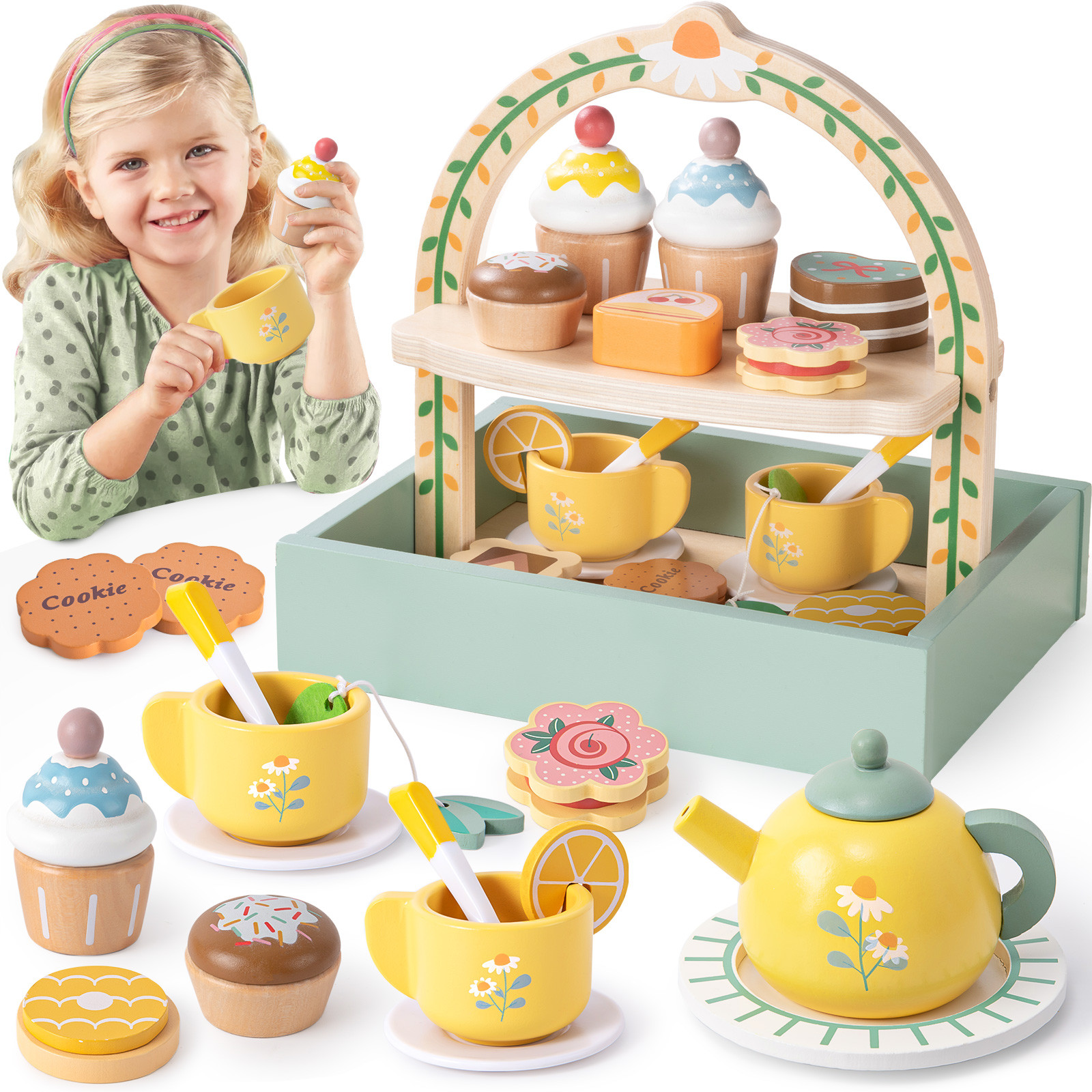 Toyssa Wooden Tea Party Set for Little Girls Toys Toddler Tea Set