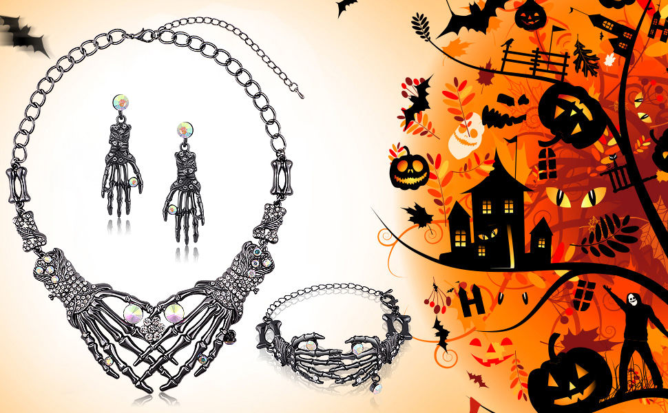 Thumbnail: Lorfancy Halloween Gothic Choker Necklace Earrings Bracelets Skull Skeleton Punk