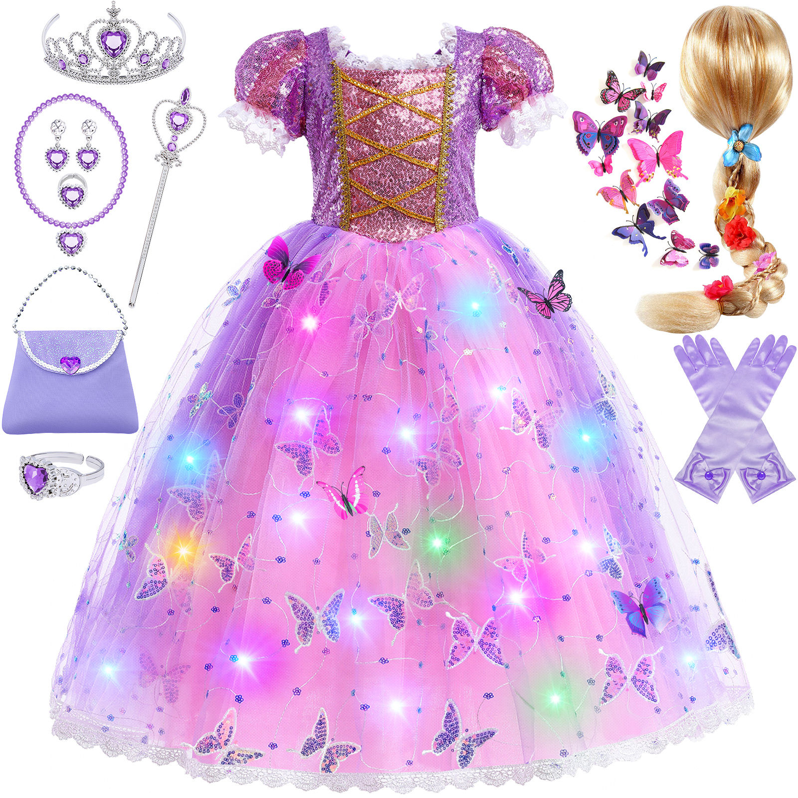 Latocos Girls Rapunzel Dress Light Up Princess Dress Up Clothes for Little Girls