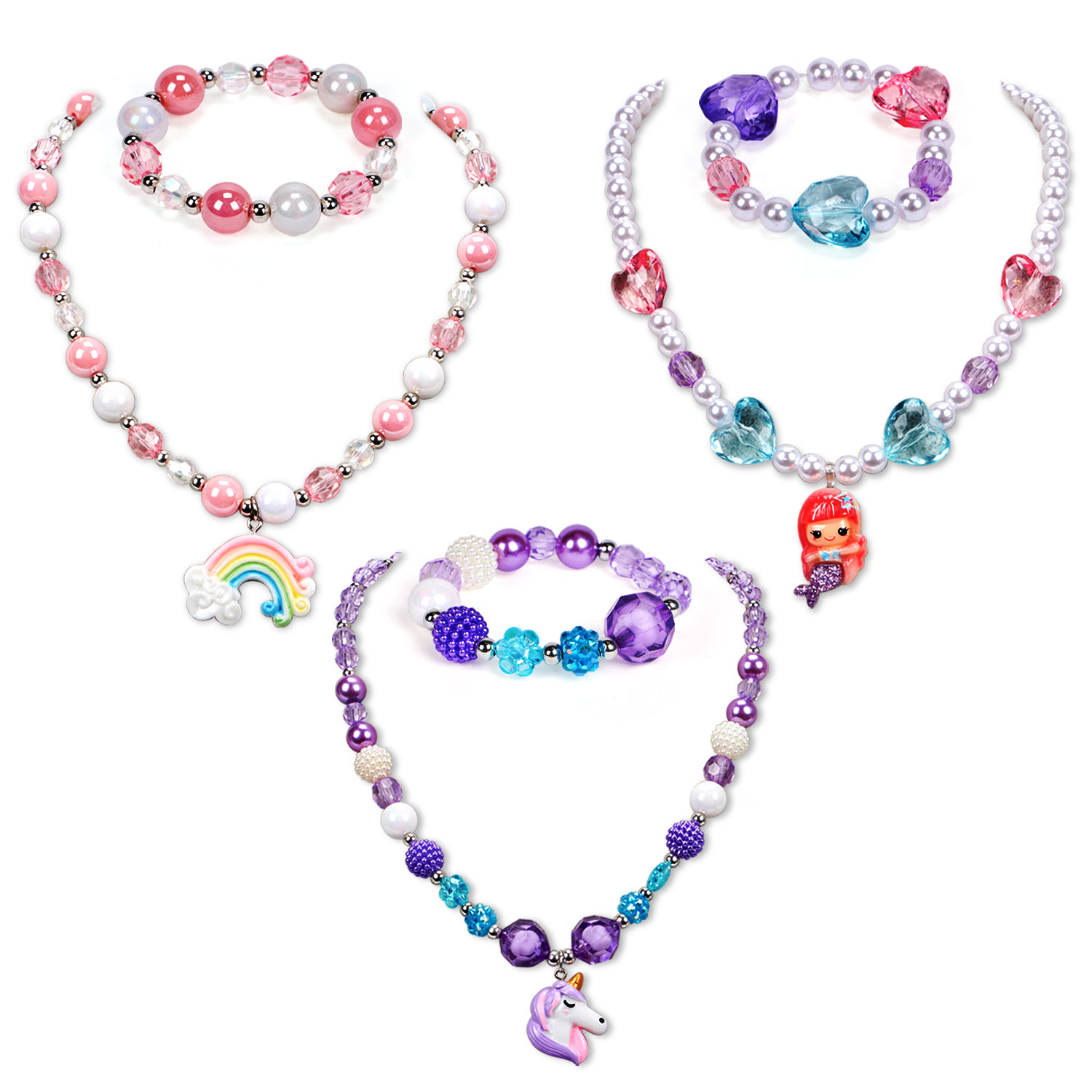 G.C 3 Sets Girl Princess Necklace Bracelet with Colorful Unicorn Mermaid Rainbow