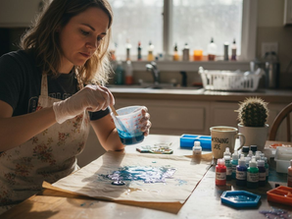 Artist mixing epoxy resin at kitchen table