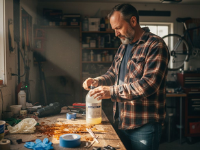 Man preparing epoxy resin workspace