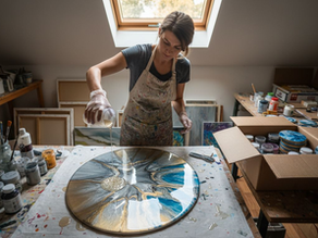 Artist pouring epoxy resin in studio