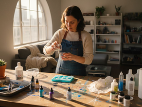 Crafter pouring resin jewelry in sunlit studio