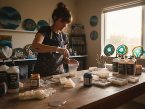 Resin artist mixing epoxy at art studio table