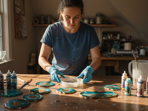 Artist arranging resin molds in attic studio