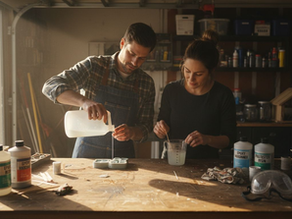 Two artisans compare epoxy and polyester resin at workbench