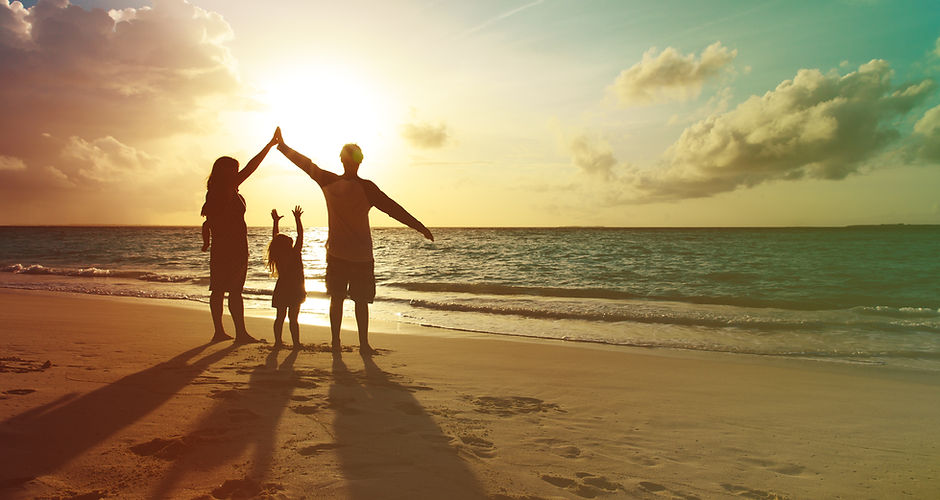 happy family with kids play at sunset be