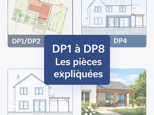 Infographie des pièces d’une déclaration préalable (DP1 à DP8) avec plan de masse, façade et insertion de pergola expliqués visuellement