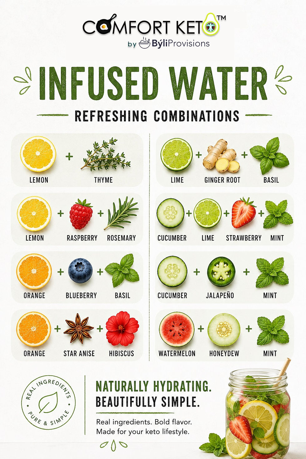 💧 Skip the sugar and refresh naturally. These simple infused water combinations add flavor, aroma, and enjoyment to your daily hydration routine—without artificial ingredients, sweeteners, or unnecessary calories. Which blend will you try first?