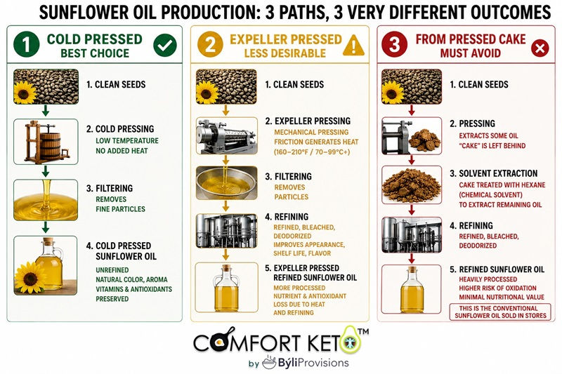 Sunflower oil is one of the simplest seed oils to press mechanically, but the consumer-grade oils on store shelves are still industrially refined, bleached, deodorized, and prone to oxidation.