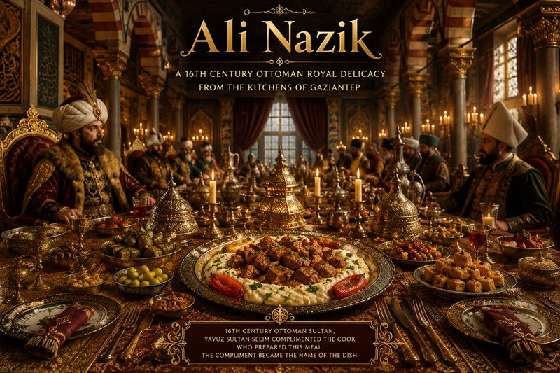 Ali Nazik quickly rose to become one of the most celebrated delicacies served at royal Ottoman banquets, admired for its luxurious harmony of fire-roasted eggplant, velvety yogurt, and richly seasoned lamb kebab.