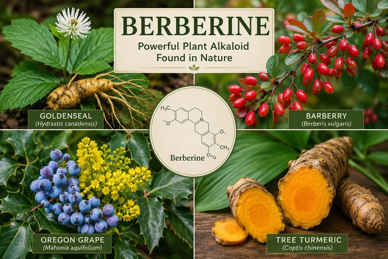 Berberine is found in several plants such as goldenseal, barberry, Oregon grape, and tree turmeric.