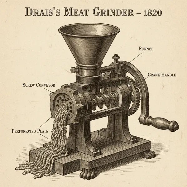 Karl Drais’ early meat grinder revolutionized minced meat production and helped pave the way for the modern hamburger era.