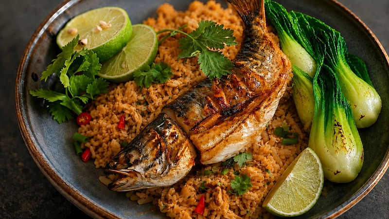 Asian-Inspired Baked Mackerel Bowl: Savory baked mackerel served over aromatic cauliflower fried rice with baby bok choy — a beautifully balanced fusion of richness, warmth, and fresh Asian flavor.