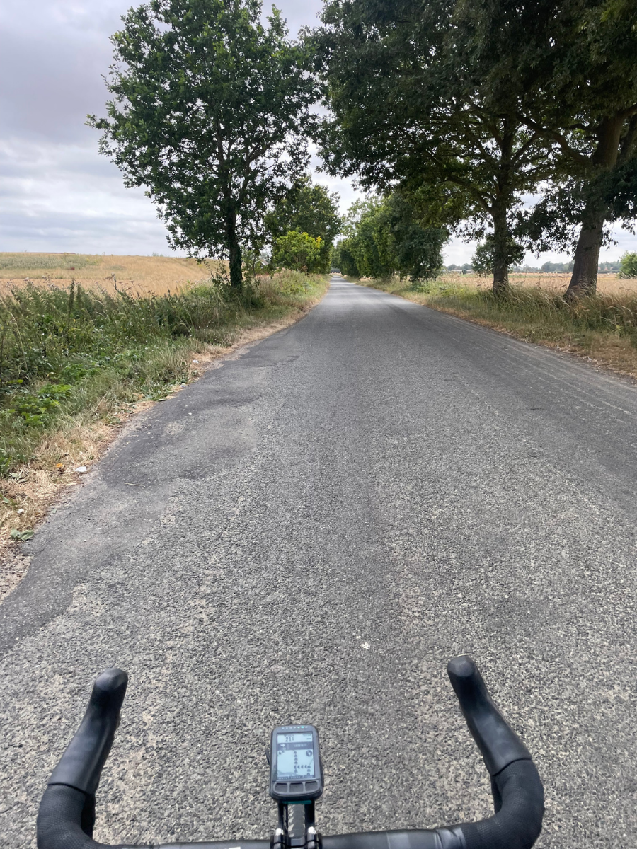 View from Oli Abbott’s bicycle along a quiet rural road during his 88-mile Discovery Hub ride.