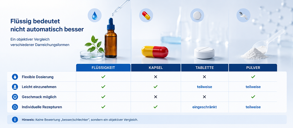 Vergleich der Darreichungsformen flüssige Nahrungsergänzungsmittel, Kapseln, Tabletten und Pulver hinsichtlich Dosierung und Anwendung.