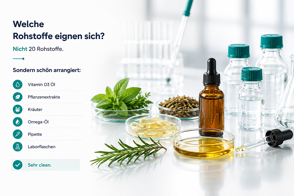 Auswahl hochwertiger Rohstoffe für die Entwicklung flüssiger Nahrungsergänzungsmittel.