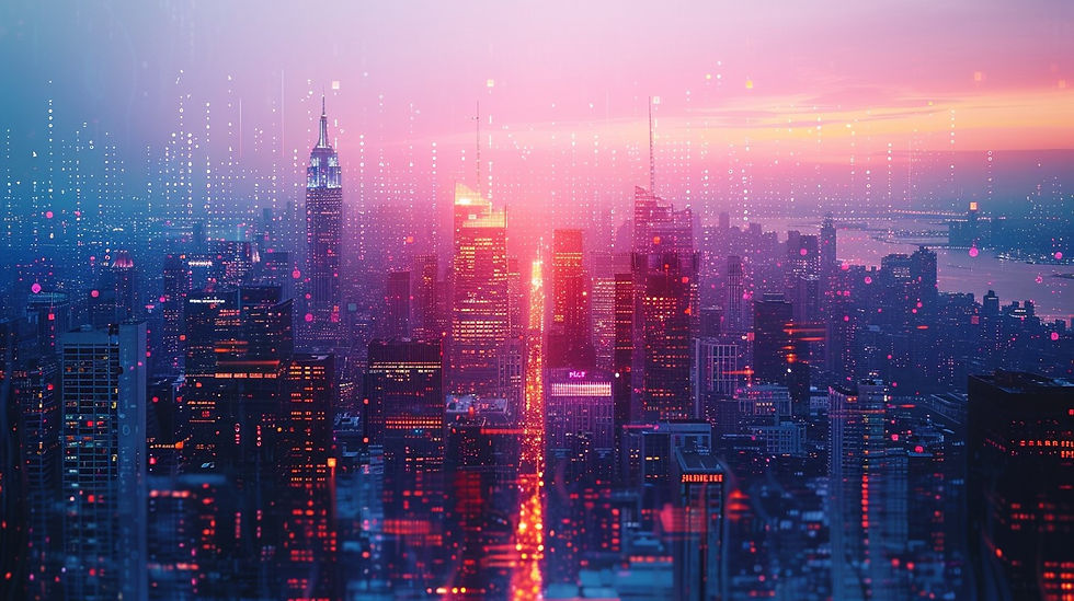 Futuristic city at sunset with faint digital security elements