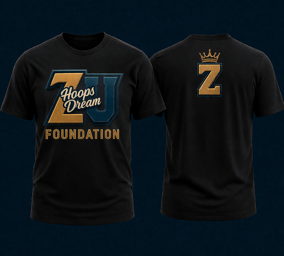 Black T-shirt: 'ZU Hoops Dream Foundation' front, 'Z' crown back