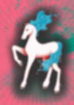 drawing of a proud, white horse with a blue fiery mane and tail