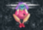 drawing of an alien girl holding her temples, surrounded by abstract faces