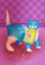 drawing of a cat being caught stealing a box of cereal