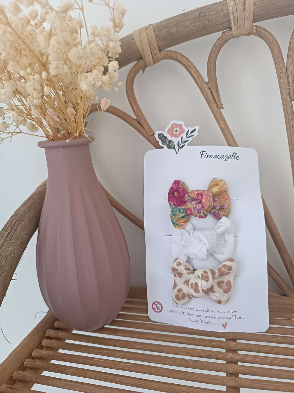 Lot de 3 barrettes anti-glisse camélia / blanc brodé/Léonelle