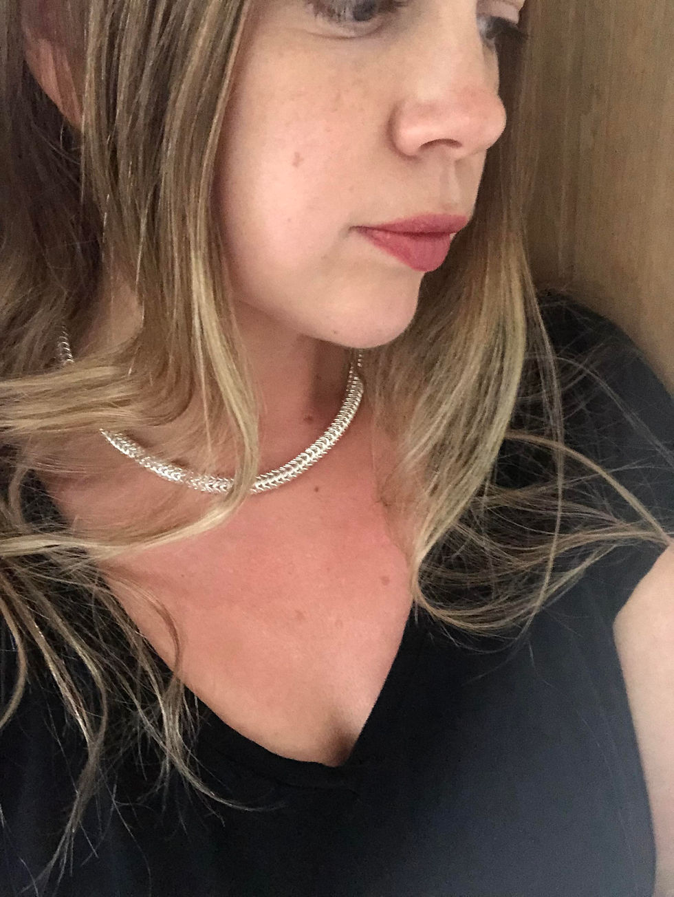 Thumbnail: silver chain woven necklace worn around neck
