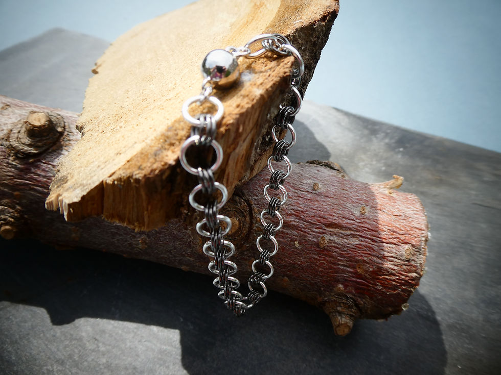 Thumbnail: Sterling silver and gun metal chain bracelet for women in japanese 6 in 1 chain mail weave