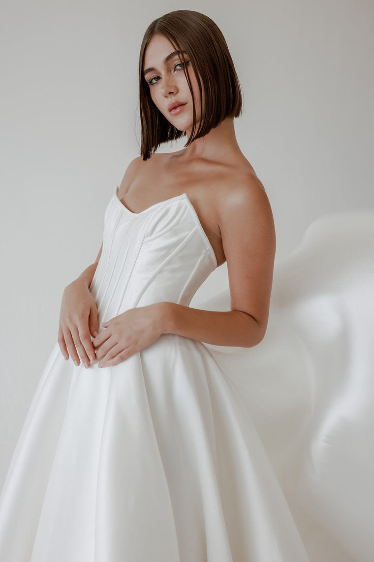 Thumbnail: Close up  view of ‘falon’ by Jack Sullivan Bridal strapless ballgown with basque waist