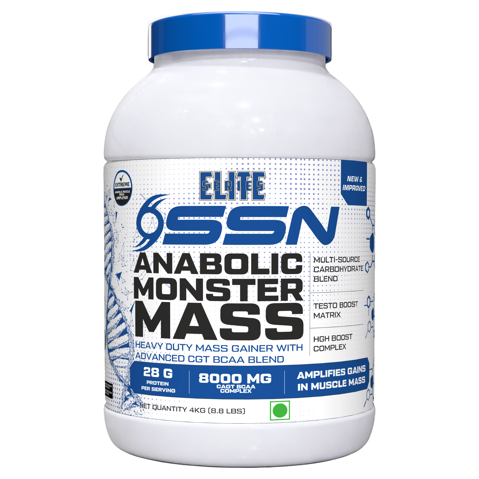 SSN Elite Series Anabolic Monster Mass 4 KG | 28g Protein & 8000mg CAGT BCAA Com
