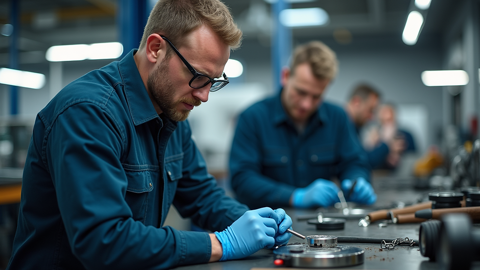Augenblickaufnahme eines modernen Reparaturshops mit Technikern bei der Arbeit