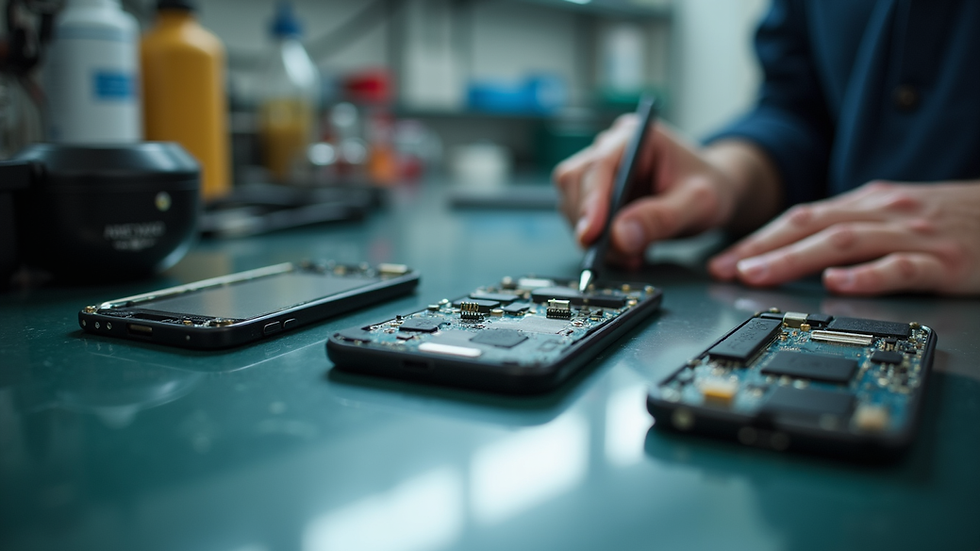 Eye-level view of a smartphone repair shop counter with tools and parts