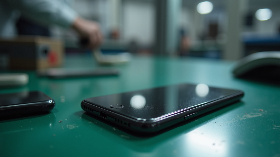 Nahaufnahme eines zerbrochenen Smartphone-Displays auf einem Werkstatt-Tisch