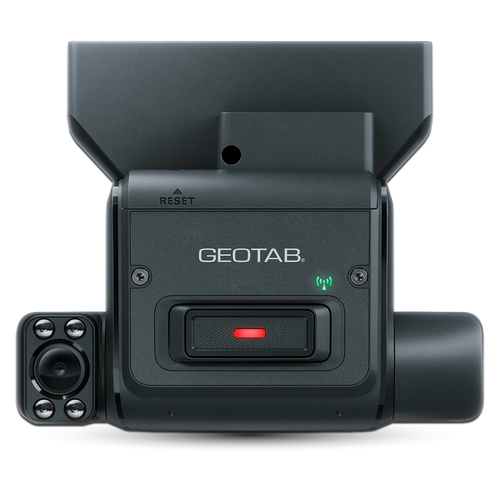 Geotab GO Focus Plus dual-facing AI dash cam in fleet vehicle for driver coaching