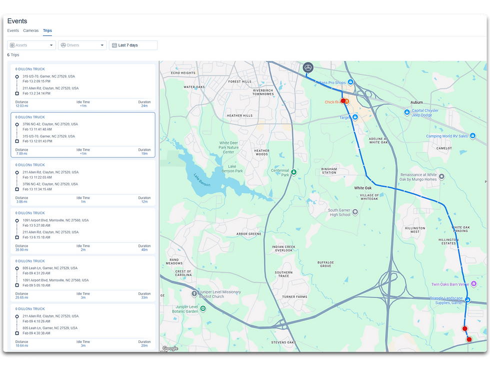 Geotab trip history with event markers and video timeline screenshot from GPS Fleet Management Solutions